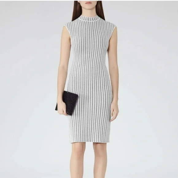Reiss Vienna Jersey Knit Mock Neck Dress Black White Bodycon Back Zip - Picture 1 of 4
